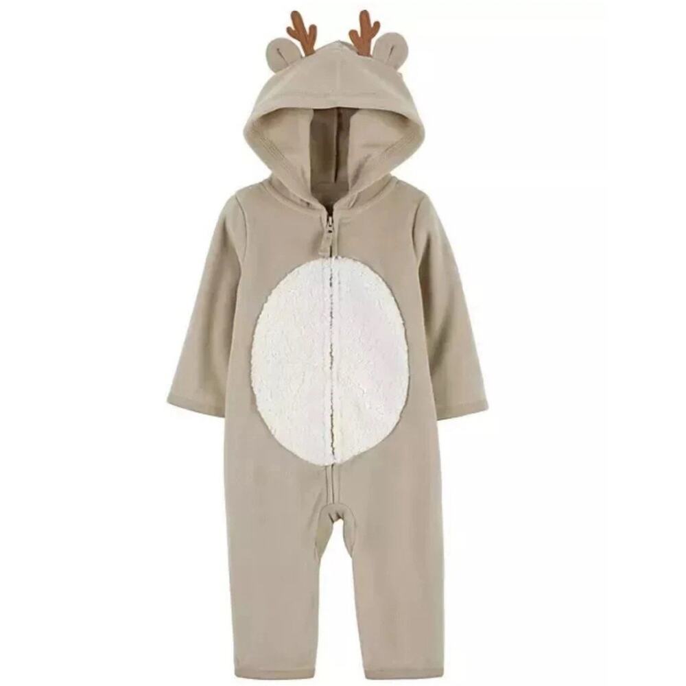 Carter's Hooded Sherpa Reindeer‎ Romper Cozy 1-Piece Hooded Jumpsuit Zips, 9m